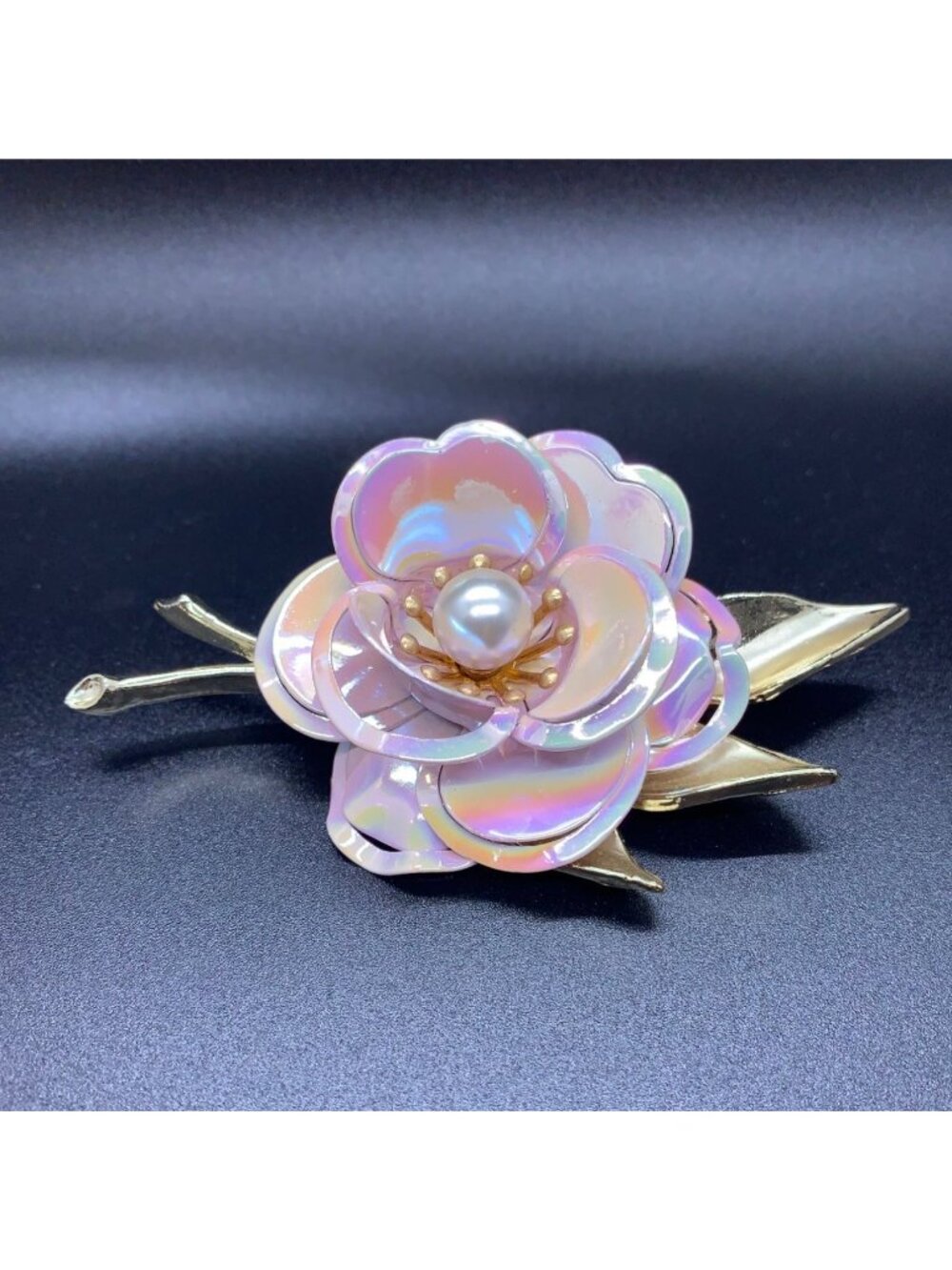 Enamel Flower Brooch Iridescent Pink With Gold-Tone Leaves Faux Pearl Vintage
